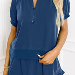Women's Casual Half-zip Top and Ruffle Shorts Set