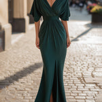 Draped V-Neck Maxi Dress With Front Slit