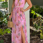 PINK PRINTED MAXI DRESS WITH SLIT