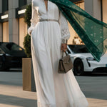 A-Line High Waisted Belted Buttoned Hollow Pleated Pockets Solid Color Split-Joint Stand Collar Maxi Dresses Shirt Dress
