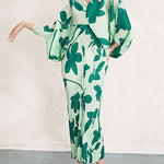 Batwing Sleeves Loose Pleated Printed V-Neck Midi Dresses