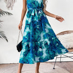 Loose Sleeveless Hollow Pleated Printed Split-Joint Tied Waist Round-Neck Midi Dresses