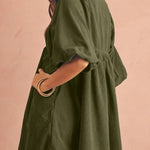 Vineyard Green Snap Button Empire Waist Lantern Sleeve Corduroy Dress