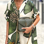 Green flower v-neck short-sleeved loose dress