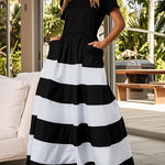 A-Line High Waisted Contrast Color Pleated Pockets Round-Neck Maxi Dresses