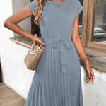 A-Line Loose Pleated Solid Color Tied Waist Round-Neck Midi Dresses