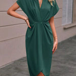 High-Low Loose Knot Pleated Solid Color Split-Front V-Neck Midi Dresses