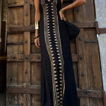 Meret Gold Geometric Print Halter Backless Stretch Maxi Dress