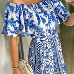 Irene Bohemian Print Off The Shoulder Belted Ruffle Maxi Dress