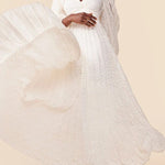 Wedding Guests Pleated Textured Chiffon Fabric Balloon Sleeve Open Back Maxi Dress