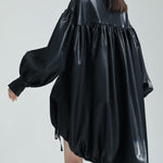 High-Low Long Sleeves Drawstring Pleated Solid Color Stand Collar Mini Dresses