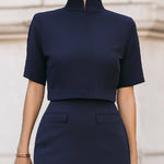Sleek Navy Mandarin Collar Two-Piece Suit Set