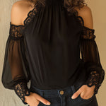 Elegant High Neck Black Chiffon Lace Cold-Shoulder Blouse