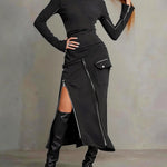 Bodycon Irregularity Asymmetric Solid Color Split-Joint Split-Side Zipper Mock Neck Blouses&Shirts Tops + Pockets  Skirts Bottoms Two Pieces Set