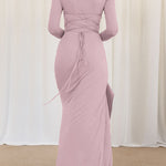 Bodycon High Waisted Asymmetric Pleated Ruffled Solid Color Split-Joint Round-Neck Maxi Dresses