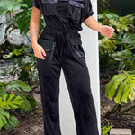 BLACK OFF SHOULDER VELVET JUMPSUIT