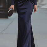 High Waisted Long Sleeves Pleated Solid Color Split-Side Notched Collar Maxi Dresses