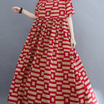 Loose Short Sleeves Plaid Round-Neck Midi Dresses