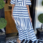 Women's Short Bubble Sleeve Striped Dress With Pockets