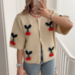 V-neck Cherry Embellished Cardigan Cropped Knitted Sweater