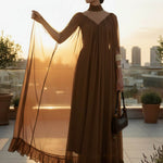 Cape Irregularity Layered Pleated Ruffled See-Through Solid Color Split-Joint High Neck Maxi Dresses