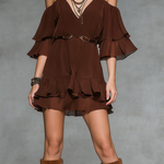 Women's Fashionable Brown Chiffon Off-the-shoulder Spaghetti Strap Ruffle Mini Dress