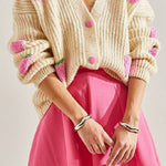 Sweet V-neck beige strawberry decorated cardigan sweater