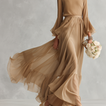 Women's Neutral Sheer Chiffon Dress With Bell Sleeves & Ruffled Skirt, Timeless Romantic-Luxe Style Dress