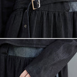 Original Loose Denim Split-Joint Tied Lapel Collar Long Sleeves Midi Dress