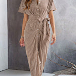 Bodycon Half Sleeves Buttoned Contrast Color Tied Waist Lapel Midi Dresses