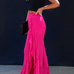 Rose Ruffle Slit High Waist Wide Leg Pants