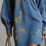 Casual Plain Raglan Sleeves Denim Shirt Collar Mini Dress