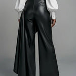 High Waisted Wide Leg Buttoned Pleated Solid Color Split-Joint Zipper Pants Trousers