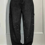 Fashionable Rhinestone Mid-rise Loose Pocket Straight Jeans