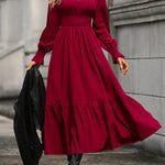 A-Line Flared Sleeves Elasticity Pleated Solid Color V-Neck Midi Dresses