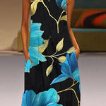 A-Line Loose Flower Print Pockets V-Neck Maxi Dresses