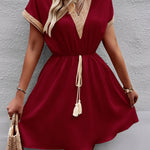 A-Line Elasticated Waist Contrast Color Drawstring Hollow Split-Joint Tasseled Tied V-Neck Mini Dresses