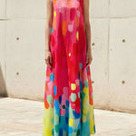 Loose Sleeveless Contrast Color Printed V-Neck Maxi Dresses