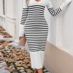 Long Sleeves Loose Contrast Color Striped V-Neck Midi Dresses Sweater Dresses