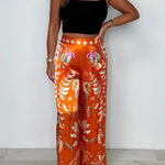Satin Plant Print Elastic Waist Loose Wide Leg Pants