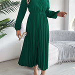 A-Line High Waisted Elasticity Pleated Solid Color V-Neck Maxi Dresses