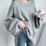 Stretch Mohair-Blend Balloon Sleeves Loose Solid Round-Neck Sweater Tops