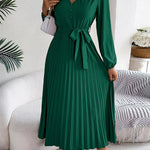 High Waisted Long Sleeves Belted Buttoned Pleated Solid Color V-Neck Maxi Dresses