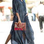Batwing Sleeves Half Sleeves Buttoned Pockets Striped Round-Neck Beach Cover-Up Maxi Dresses