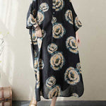 Loose Three-quarter Sleeves Buttoned Flower Print Stand Collar Midi Dresses