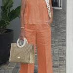 Cotton and Linen Sleeveless Top and Wide-Leg Pants Two-Piece Set