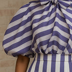 Puff Sleeves Bowknot Pleated Split-Joint Striped High Neck Blouses&Shirts Tops