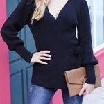 Sexy V Neck Balloon Sleeve Ribbed Wrap Knit Pullover Sweater