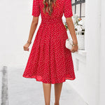 A-Line Elasticated Waist Contrast Color Polka Dot Split-Joint Tied Waist Round-Neck Midi Dresses