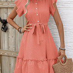 A-Line Loose Buttoned Pleated Polka-Dot Tied Waist Round-Neck Mini Dresses